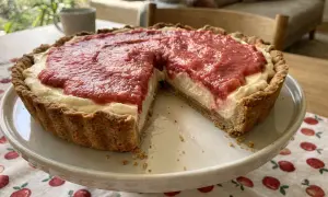 Pyszna tarta z rabarbarem, z kremowym nadzieniem i chrupiącym spodem, czeka na spróbowanie.