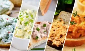 Pięć różnych past na kanapki: serowa z ziołami, jajeczna, łososiowa, pomidorowa i warzywna. Idealne na szybkie śniadanie lub przekąskę.