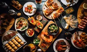 Tapas co to? Kolorowy stół pełen przekąsek: krewetki, pieczywo, ser, oliwki i inne smakołyki. Idealne na spotkanie.