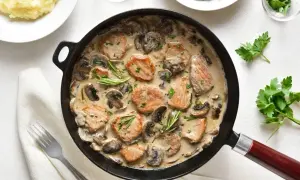 Aksamitne polędwiczki w sosie pieczarkowym, udekorowane rozmarynem i natką, podane z puree ziemniaczanym.