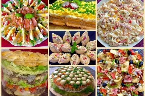 Kolaż 6 apetycznych potraw: 4 wypróbowane sałatki, w tym łosoś z jajkiem, makaronowe muszelki, tortellini z dodatkami i warstwowa sałatka w pucharku.
