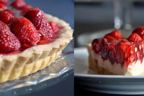 Pyszna tarta z mascarpone i owocami, z soczystymi truskawkami w galaretce. Idealna na deser.