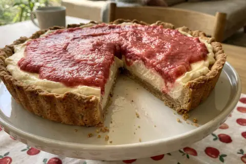 Pyszna tarta z rabarbarem, z kremowym nadzieniem i chrupiącym spodem, czeka na spróbowanie.