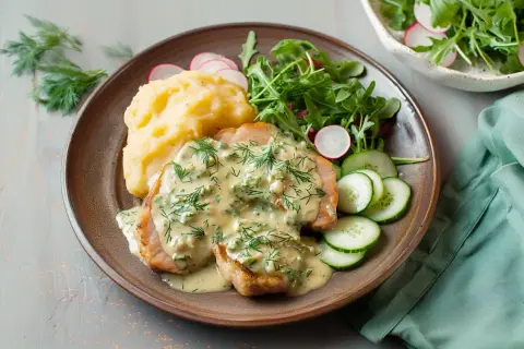 Schab w sosie koperkowym, podany z puree ziemniaczanym, sałatką z rukoli i rzodkiewki oraz plastrami ogórka.