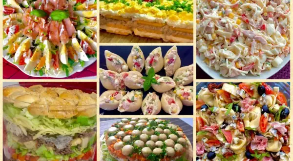 Kolaż 6 apetycznych potraw: 4 wypróbowane sałatki, w tym łosoś z jajkiem, makaronowe muszelki, tortellini z dodatkami i warstwowa sałatka w pucharku.
