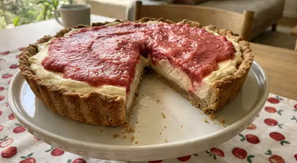 Pyszna tarta z rabarbarem, z kremowym nadzieniem i chrupiącym spodem, czeka na spróbowanie.