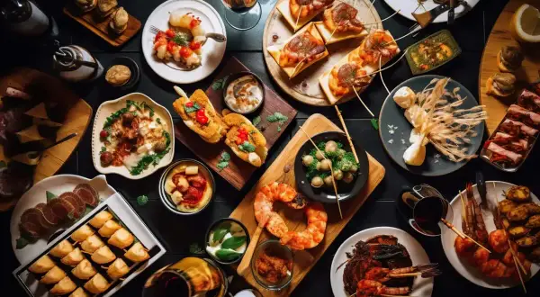 Tapas co to? Kolorowy stół pełen przekąsek: krewetki, pieczywo, ser, oliwki i inne smakołyki. Idealne na spotkanie.