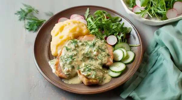 Schab w sosie koperkowym, podany z puree ziemniaczanym, sałatką z rukoli i rzodkiewki oraz plastrami ogórka.