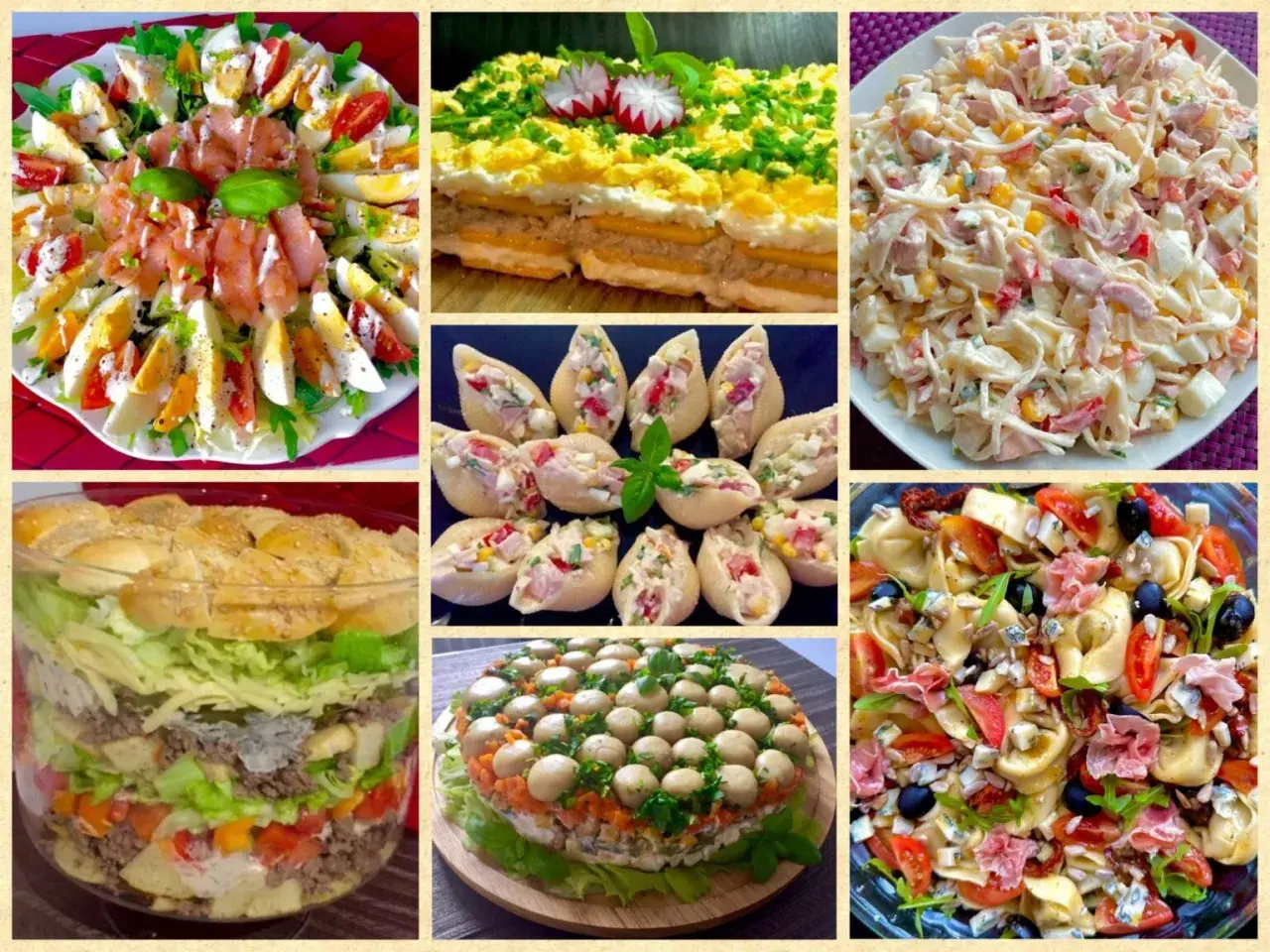 Kolaż 6 apetycznych potraw: 4 wypróbowane sałatki, w tym łosoś z jajkiem, makaronowe muszelki, tortellini z dodatkami i warstwowa sałatka w pucharku.