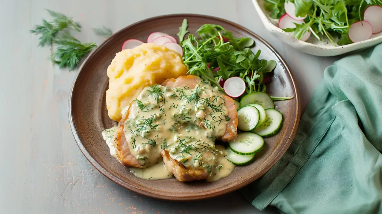 Schab w sosie koperkowym, podany z puree ziemniaczanym, sałatką z rukoli i rzodkiewki oraz plastrami ogórka.