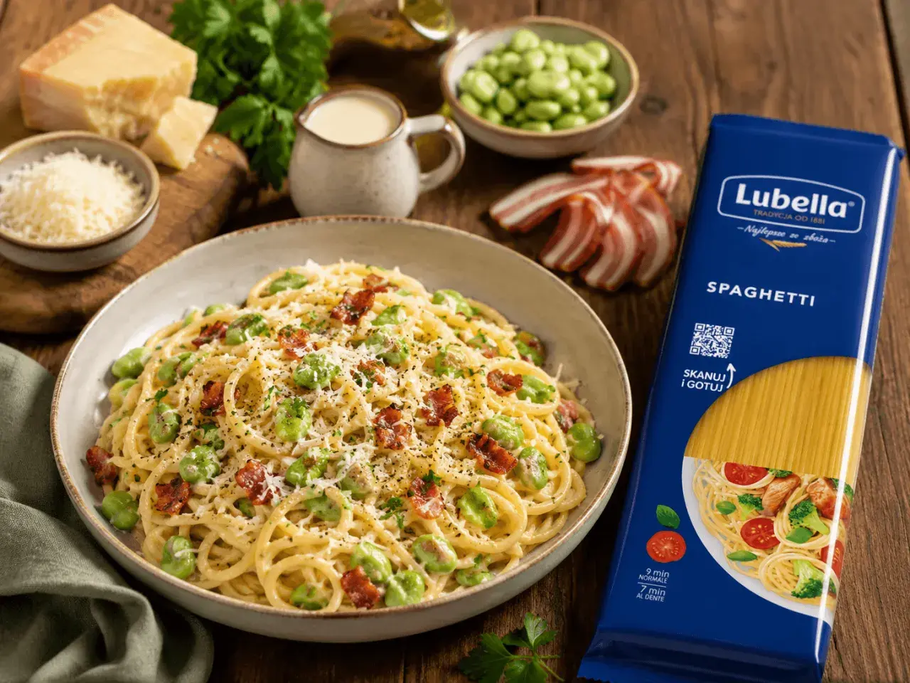 Pyszny makaron spaghetti z bobem, chrupiącym boczkiem i parmezanem. Idealny na szybki obiad.