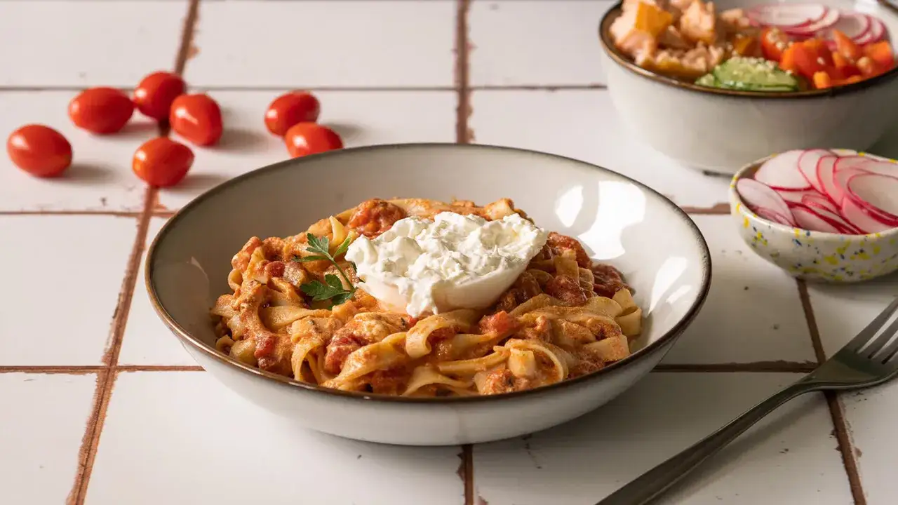 burrata pasta pomidorki koktajlowe bazylia