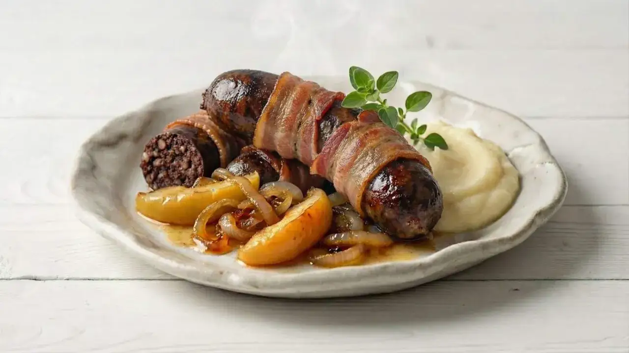 Pyszna kaszanka z piekarnika, owinięta boczkiem, podana z jabłkami i puree.