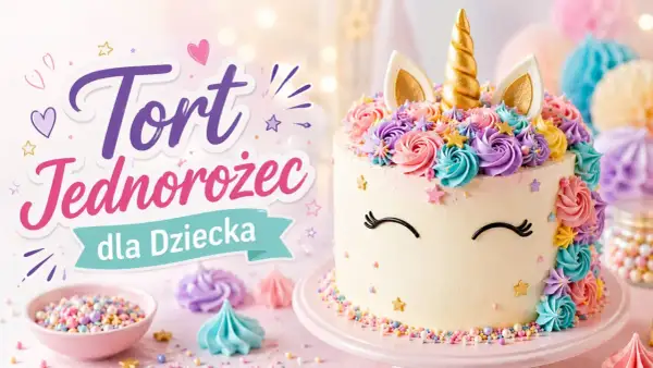 Uroczy tort jednorożec dla dziewczynki, ozdobiony kolorowymi rozetkami, złotym rogiem i uszami. Idealny na przyjęcie urodzinowe!